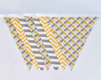 Fabric Bunting Garland Banner - Gray/Yellow/White - Double-Sided - Modern Bedroom/Nursery/Party Décor