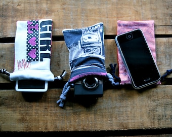 three upcycled ipod/cell phone pouches, iphone pouch, cosmetic bag, cotton drawstring bag