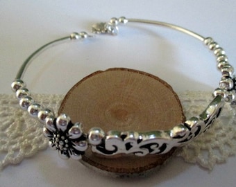 Filigree and Flowers Beaded Silver Bracelet