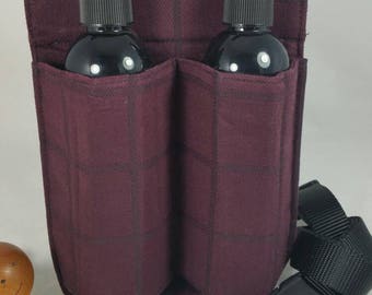 Massage Therapy Double 8oz bottle hip holster, maroon, black cross hatch, back pocket, black belt