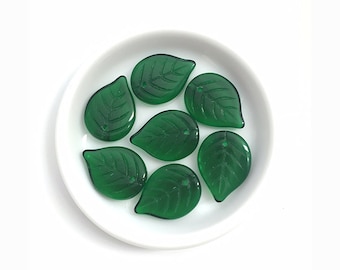 13x18 Dark Green Czech Glass Leaf, Leaf Charm, Leaf Pendant, Czech Glass Bead, Nature Jewelry, Leaf Jewelry, Beading Supplies, 15pcs, A0101F