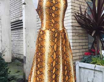 60's-70's Snake skin print dress~ kulots~ fitted slinky sexy Cora ~ sssss size 28"waist