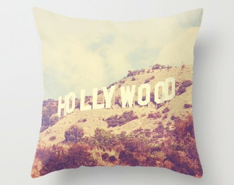 decorative pillow cover, Los Angeles throw pillow case, Hollywood sign, home decor, LA photography, retro blue, modern loft decor, 18x18