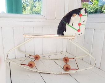Antique rocking horse, ride on horse, wood horse, wooden toys, vintage scandinavian design, kids room decor, vintage kids room, vintage toys