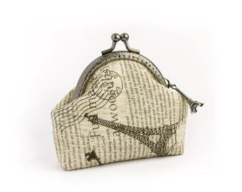 Retro Newspaper Coin Purse, Linen Paris Eiffel Tower, Key Pouch
