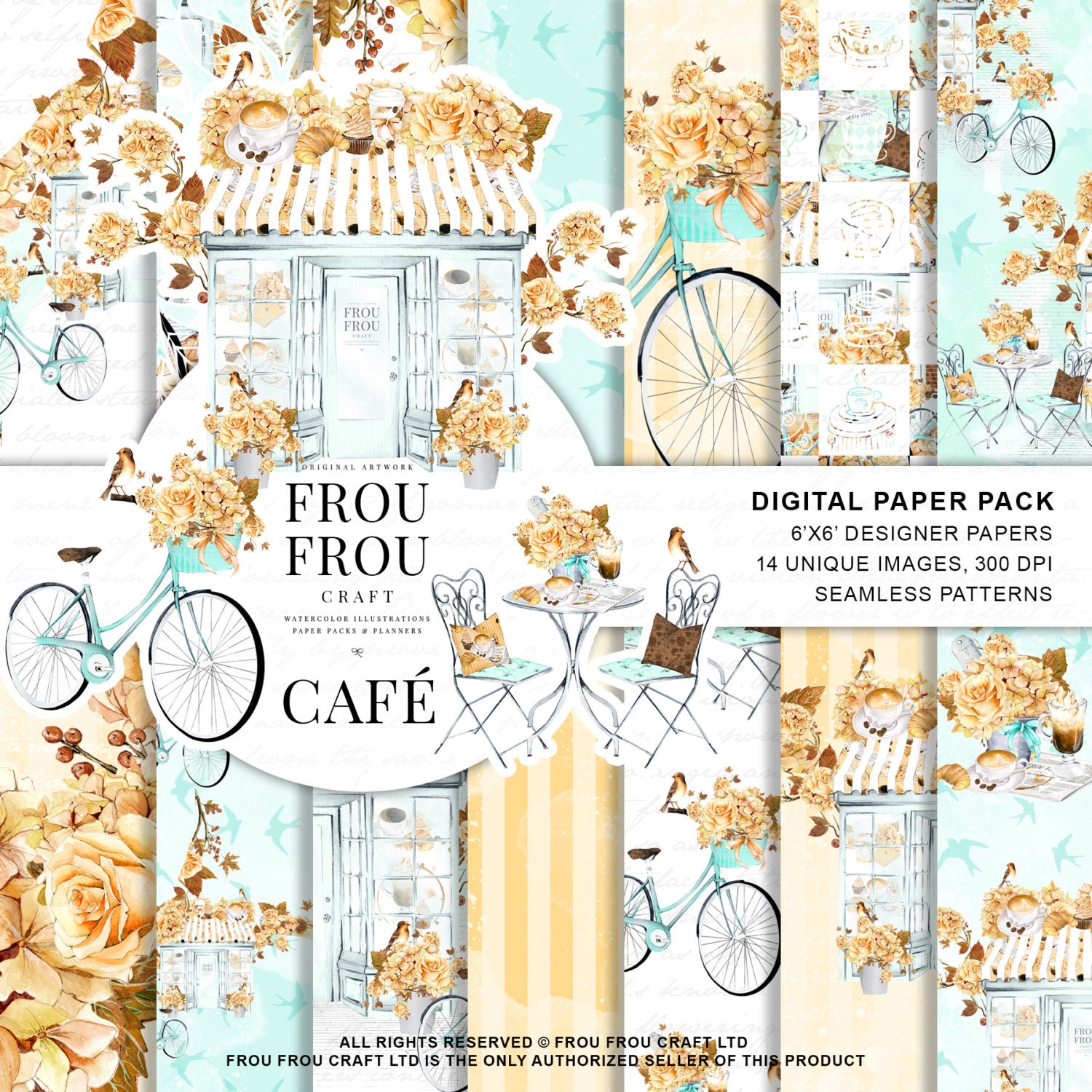  Paris Paper Pack Coffee Digital Backgrounds Watercolor Bakery 