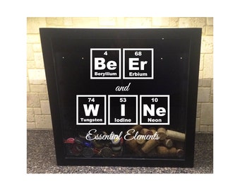 His & Hers, Beer Cap and Wine Cork Holder - Beer and Wine - Essential Elements (Periodic Table) - Shadow Box (12" x 12")