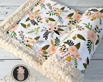 Minky baby blanket - Sprigs and Blooms - Designer Minky - Beige
