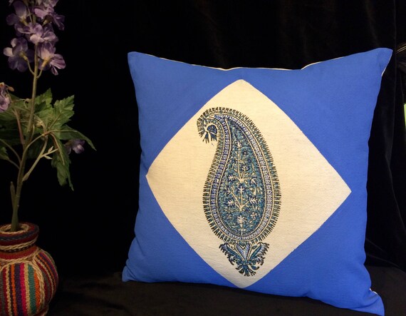 handprinted 17 inches Cotton and linen pillow case , blue paisley decorative cushion , sofa pillow