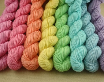 Mini Skeins Pastel Rainbow - Set of 8 - Hand Dyed Sport Weight Yarn - 100% Non Superwash Merino Wool
