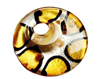 Dichronic glass round Lampwork yellow,blue,brown Glass Pendant -Ideal glass for pendant or necklace by GepArtJewellery.