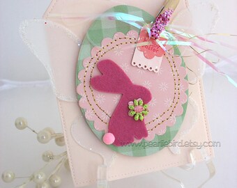 Shabby Chic Bunny Rabbit Card~arty tag shape card~baby shower card~velveteen rabbit~Easter Bunny~pink~green~blue~yellow~lavender~kraft