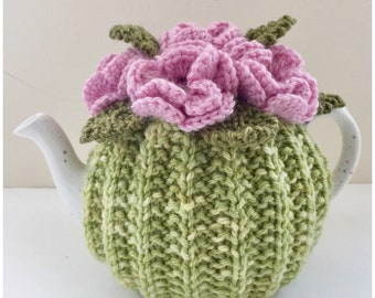 Hand-knitted floral tea cosy in pure wool - size Small (fits 1-2 cup teapots)