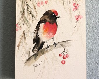 bird art, wood cradle wall art, bird painting, bird watercolor, ORIGINAL watercolor painting on wood cradle, watercolor small bird painting