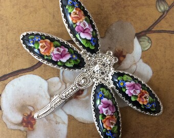 Russian Rostov Vintage Style Finift Brooch hand painted. Black floral dragonfly.