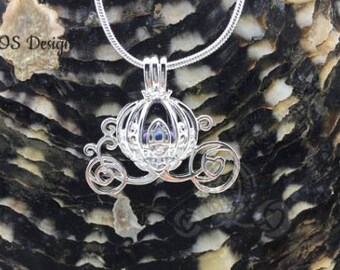 Princess Cinderella Pearl Cage Carriage Silver Plated Charm Necklace with Cultured Black Pearl Pick A Pearl
