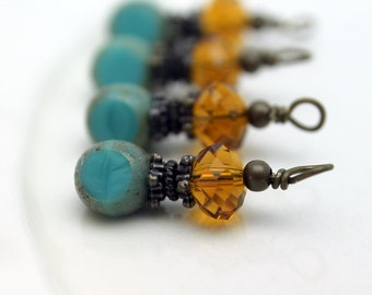 Vintage Style Czech 3 Sided Turquoise Picasso and Deep Golden Rondelle Crystal Bead Dangle Charm Drop Set - 4 Piece