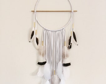 Harvest Moon Modern White Leather Dream Catcher 12" x 36". Handmade. Wall hanging. Boho