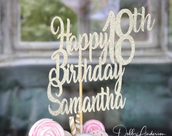 Happy Birthday Cake Topper, ANY AGE NAME, 18th Birthday Party, Birthday Party Decorations, Birthday Party Cake, Birthday Cake Topper