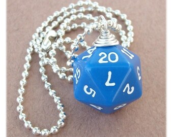 D20 Dice Pendant - Dungeons and Dragons - Blue - Geek Gamer DnD Role Playing RPG