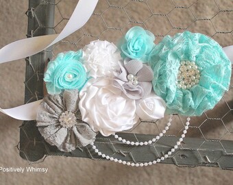 Aqua Gray White Maternity Sash, Blue Maternity Sash, Boy Maternity Sash, Belly Sash, Pregnancy Sash, Flower Sash, Baby Shower Sash, RTS