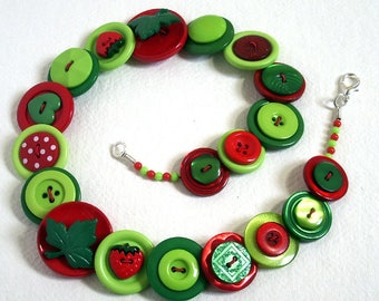 Strawberries Green, Red and Lime button necklace Button Jewellery Button Jewelry UK Handmade