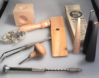 Lot of Jewelers Tools Tweezers Twist Hand Drill Dopping Block Ring Sizer Emery Ring Shells + More