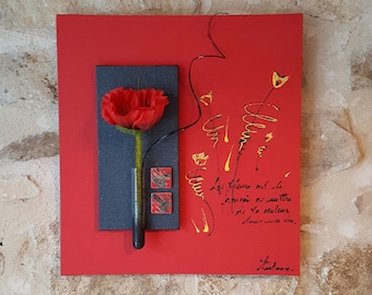 Red floral painting with poppy and quote