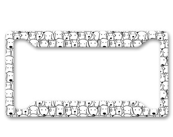 Black and White Hand Drawn Cartoon Dog Faces Print Pattern - Cute Pet Animal Dog Person Mom Dad - Auto Car License Plate Frame - LP1906