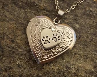 Embossed Stainless Steel Paw Heart Locket w/Glass Vessel | Pet Cremation Jewelry | Urn Jewelry | Pet Memorial | Urn Locket | Paw Print Urn