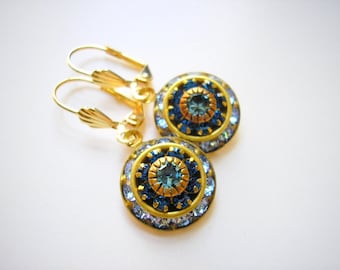 Vintage Swarovski Sapphire Aquamarine Crystal Cluster Earrings Rare Victorian March September birthstone Something blue Renaissance