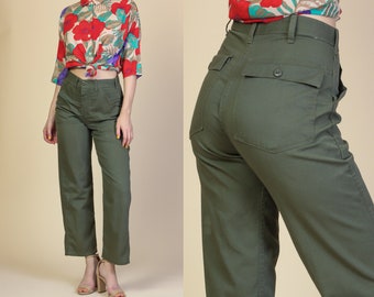 70s Olive Drab Army Utility Trousers - Small to Medium | Vintage High Waisted Military Pants