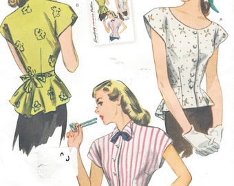 1940s Womens Blouse Peplum Blouse with Neckline Variations Simplicity Sewing Pattern 1590 Size 6 8 10 12 14 Bust 30 1/2 to 36 UnCut