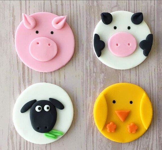 12 Cute Fondant Farm Animals Cupcake Toppers
