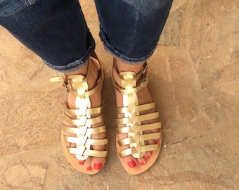 Gold Gladiator Sandals, Ancient Greek Flats, Leather Sandals, Bridesmade Sandals, Gold flat sandals, Womens sandals, Handmade,Beach Sandals,