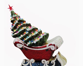 Red Sleigh Center Piece Lighted Ceramic Christmas Tree with Snow Color Lights - Made to Order