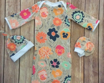 Baby gown, knot hat, and no scratch mittens, newborn set, girl baby, floral