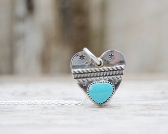 Soldered Small Sterling Silver Heart Rustic Necklace. Kingman Turquoise . Rustic . Relics . Stamped
