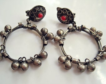 Egyptian Earrings, 600 Silver, Boho Hoop Earrings, Egyptian Jewelry, Clip On, Ethnic Jewelry, Zar Dance Jewelry