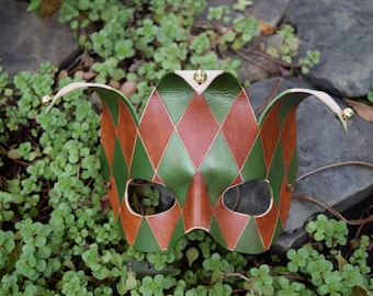 Handmade Leather Jester Mask - Brown and Green -- Ready to Ship