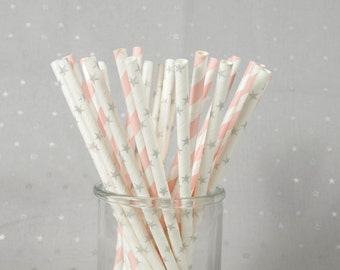 Twinkle Twinkle Little Star Girl Paper Straws - Silver Star Straws - Set of 25