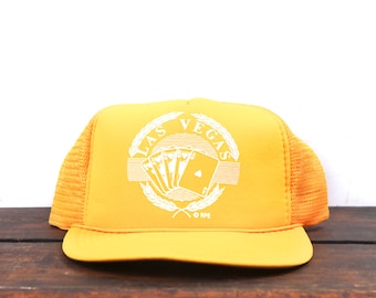 Vintage Trucker Hat Snapback Baseball Cap Yellow Las Vegas Nevada Cards Poker Gambling