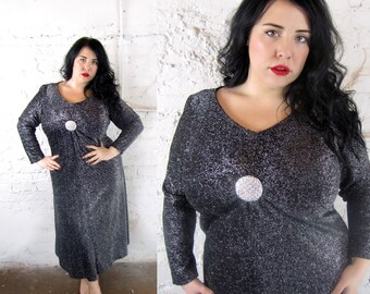 Plus Size Vintage 1960's Silver Lurex Dress - Size XL
