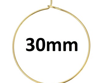 100 Gold Plated Wine Charm/Earwire Hoop Rings - 30mm -20 Gauge
