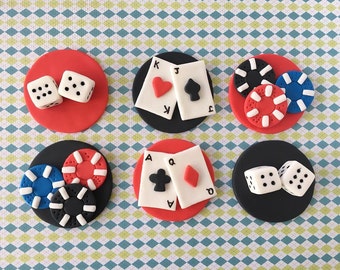 Casino poker party, playing cards, poker chips, dices fondant cupcake toppers