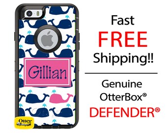 OTTERBOX DEFENDER iPhone 8, 7, 7 Plus, 6, 5, SE, iPod Touch Custom Blue Hot Pink Whale Background Pattern - Name Monogram Personalized