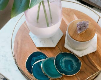 TEAL agate coasters. gem coasters. stone coasters. drinkware coaster set. home decor. bar coasters. housewarming gift.