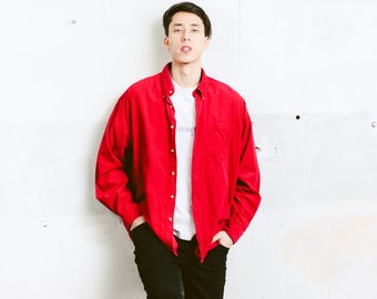 90s Red Cord Shirt . Vintage Oxford Corduroy Shirt Vintage 90s Button Down Men's Shirt Boyfriend Hipster Gift for Men . size Extra Large XL