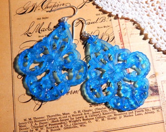 Aqua Blue Vintage German Lucite Filigree Earrings with Sterling Silver Ear Wires - Boho Floral Filigree Earrings