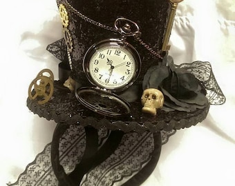 Steampunk Time Halloween Gothic Cosplay Black Mini Top Hat Real Pocket Watch Clocks Wheels Keys Skulls Rose Alice Through The Looking Glass